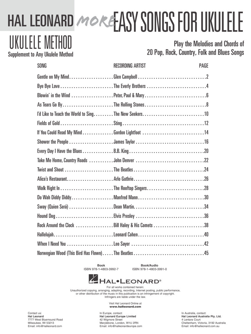 Hal Leonard - More Easy Songs For Ukulele Book