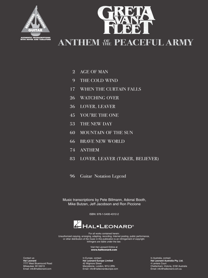 Greta Van Fleet - Anthem Of The Peaceful Army Tab Book