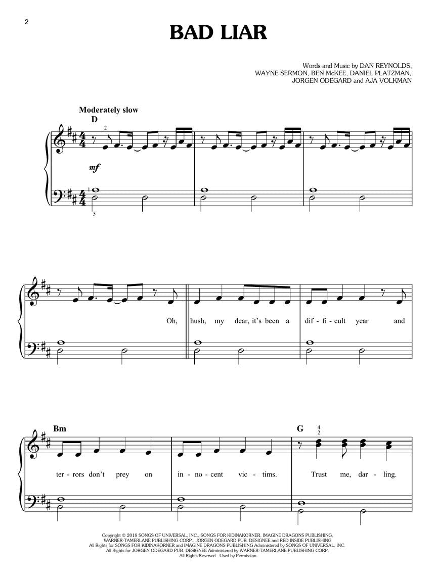 Imagine Dragons For Easy Piano Book with Lyrics