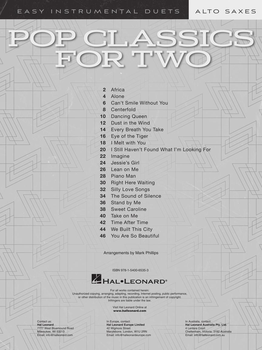 Pop Classics For Two Easy Instrumental Duets Alto Saxophone Book