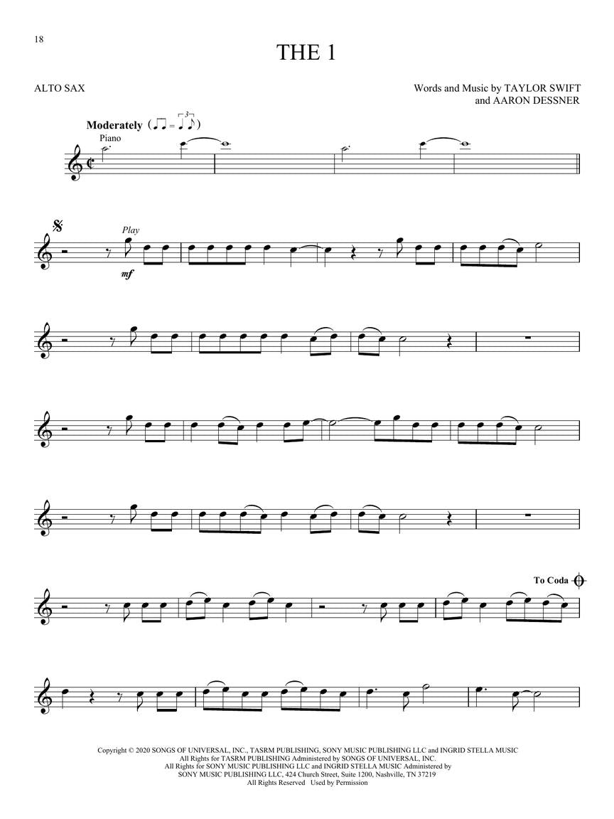 泰勒·斯威夫特 - 《Folklore》与《Evermore》中音萨克斯风伴奏谱/Ola