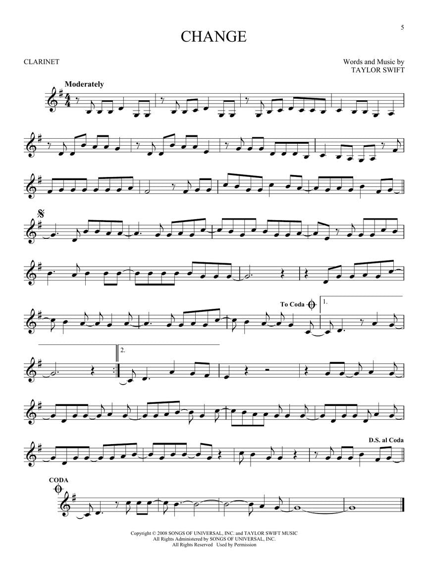 Taylor Swift For Clarinet Songbook (33 Hit Songs)