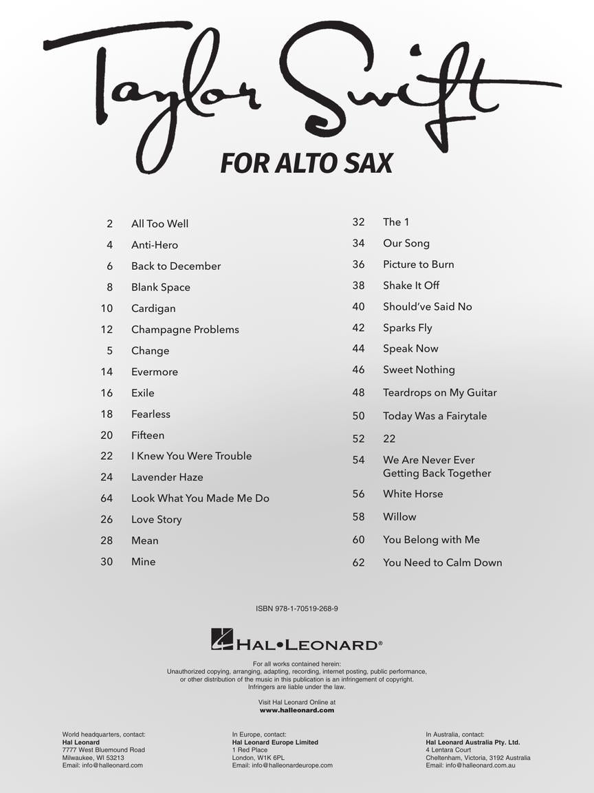 Taylor Swift For Alto Saxophone Songbook (33 Hit Songs)