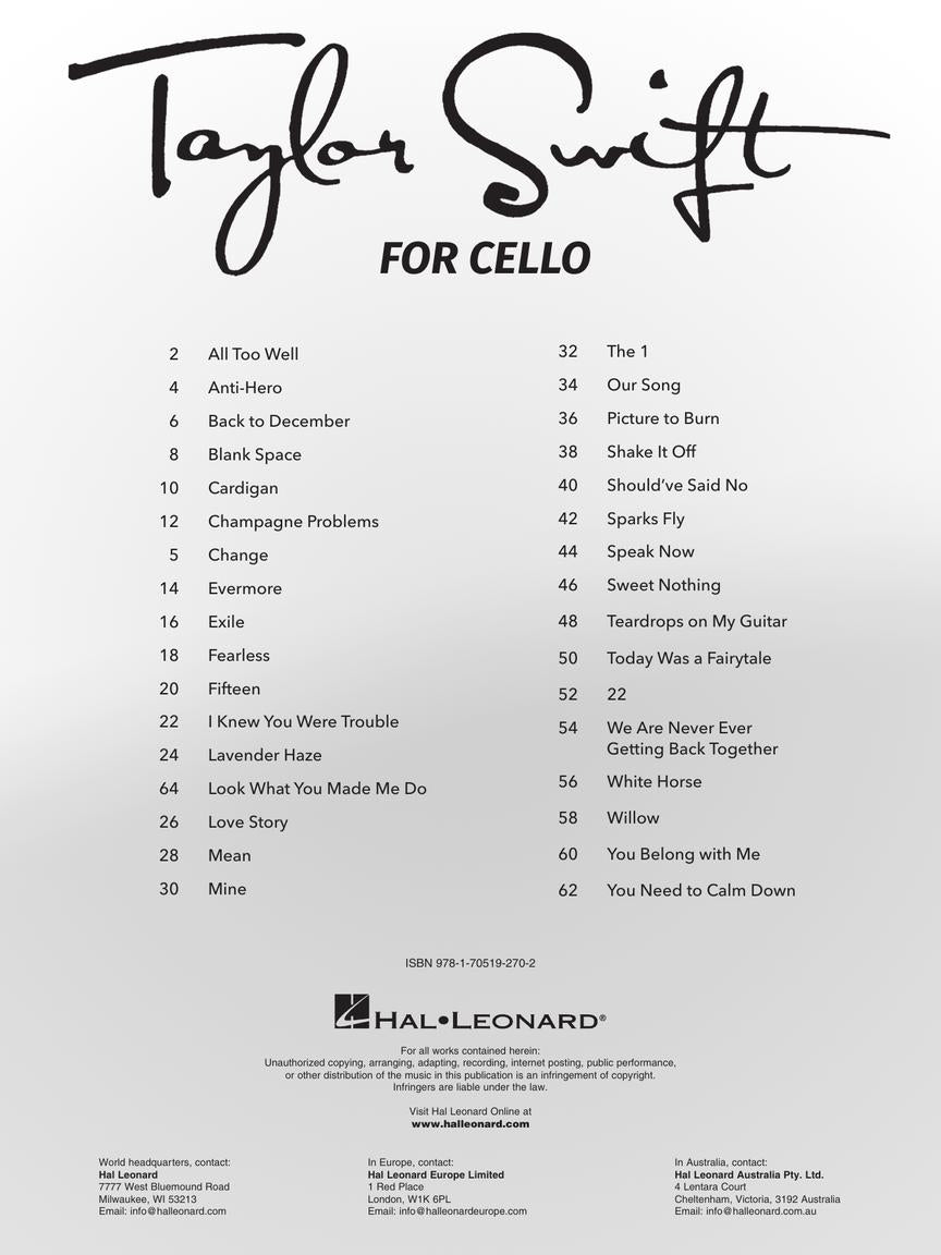 Taylor Swift For Cello Songbook (33 Hit Songs)