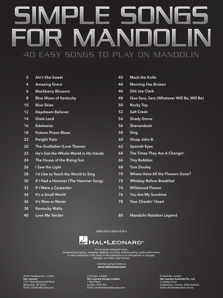 Simple Songs for Mandolin Book (40 Songs)