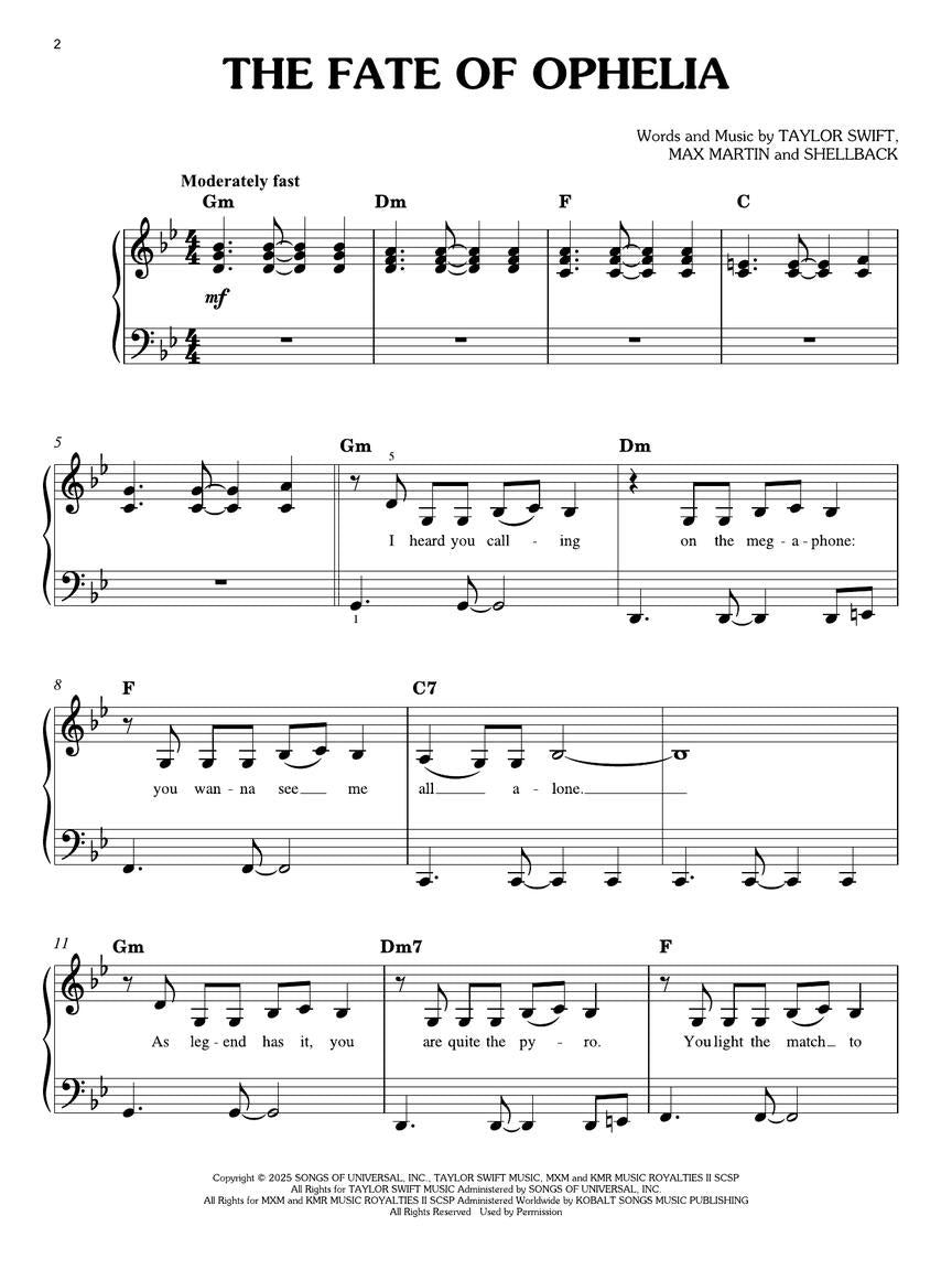 Taylor Swift - The Life Of A Showgirl Easy Piano Songbook (12 Hit Songs)