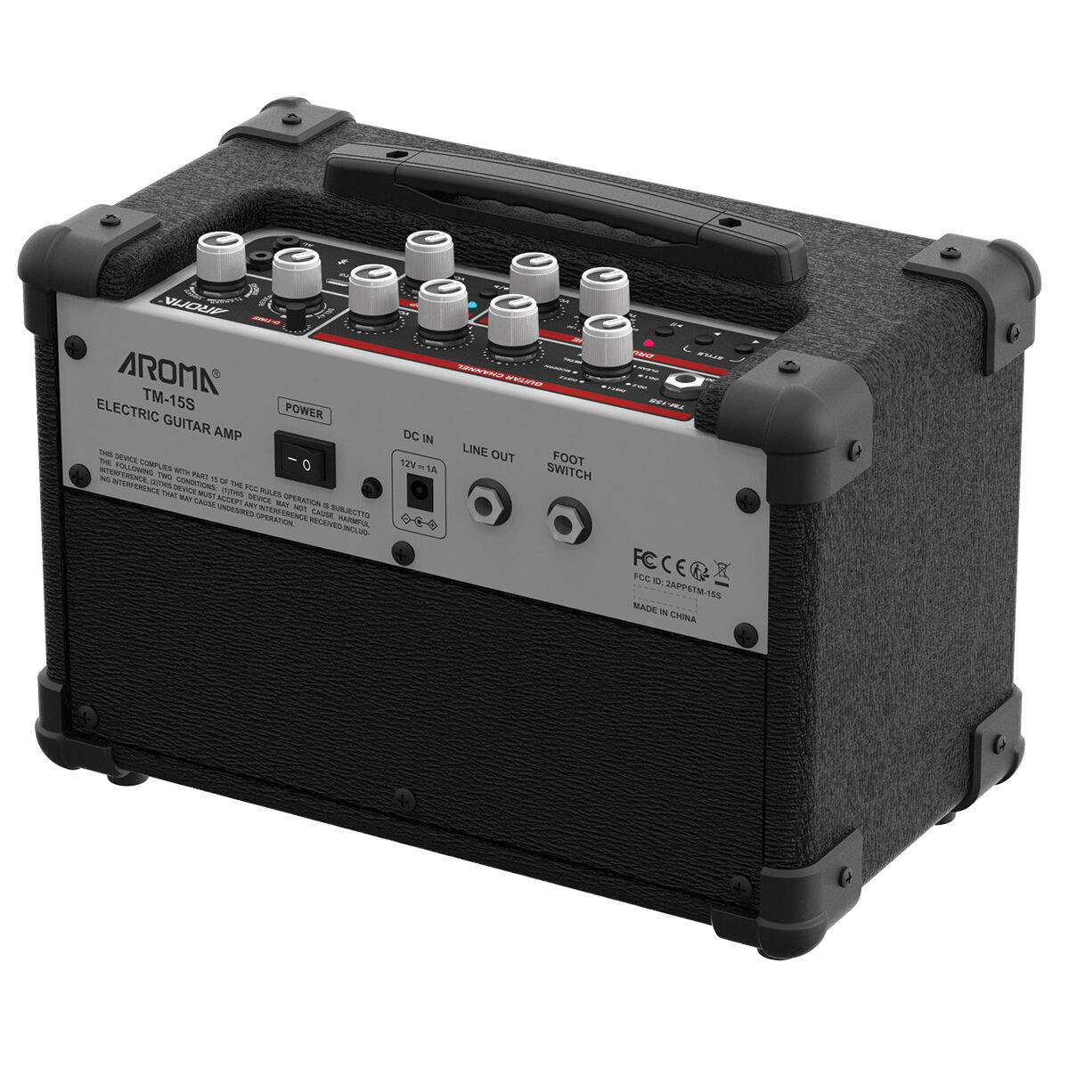 Aroma 15W Black Electric Guitar Amplifier with Footswitch and Drum Machine