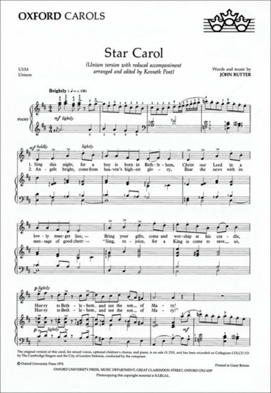 Star Carol Arr Rutter Simpl Unison/Pno