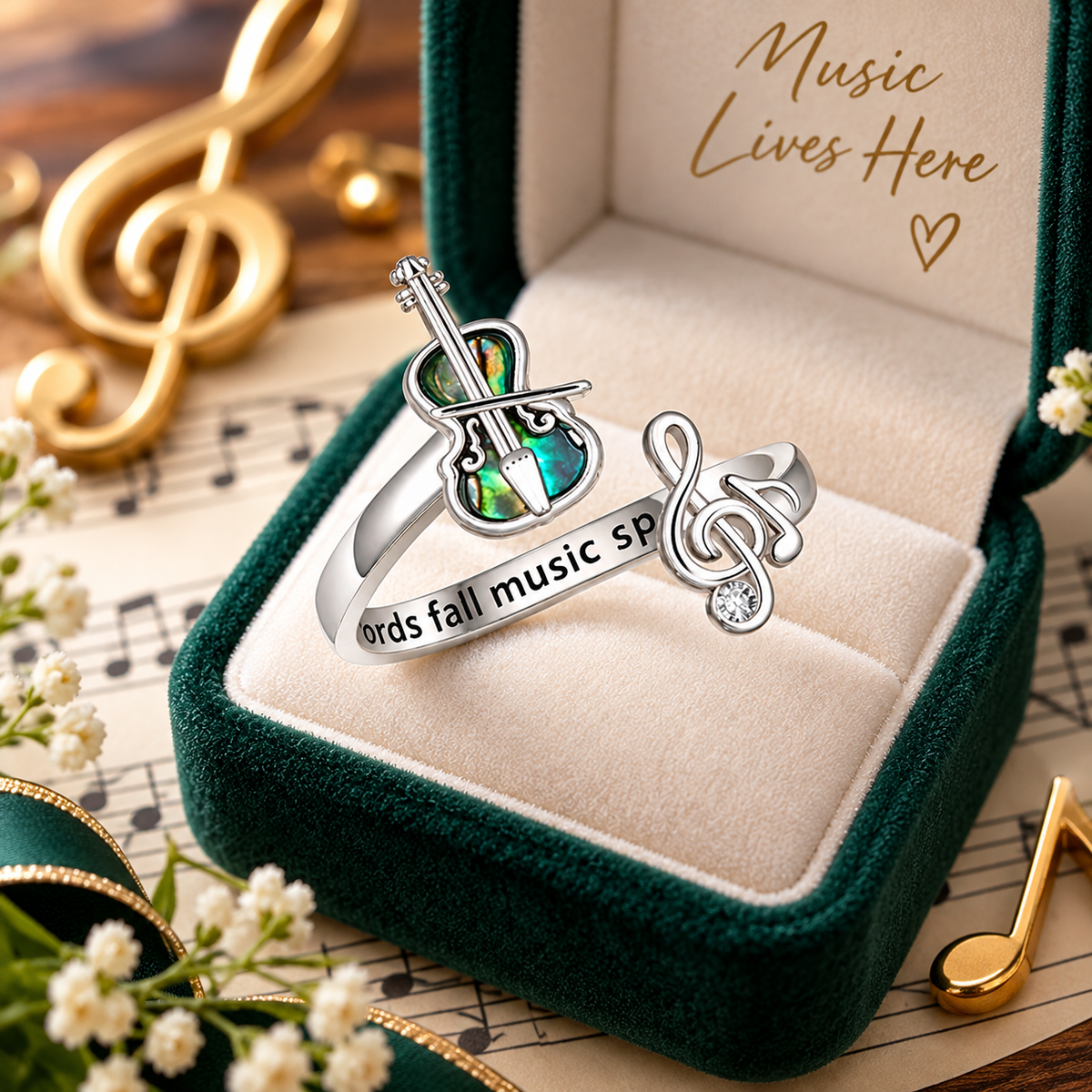 Green Violin and Treble Clef Silver Open Ring
