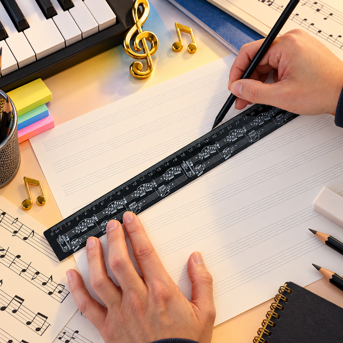 Black Music Ruler - White Manuscript Design (30cm)