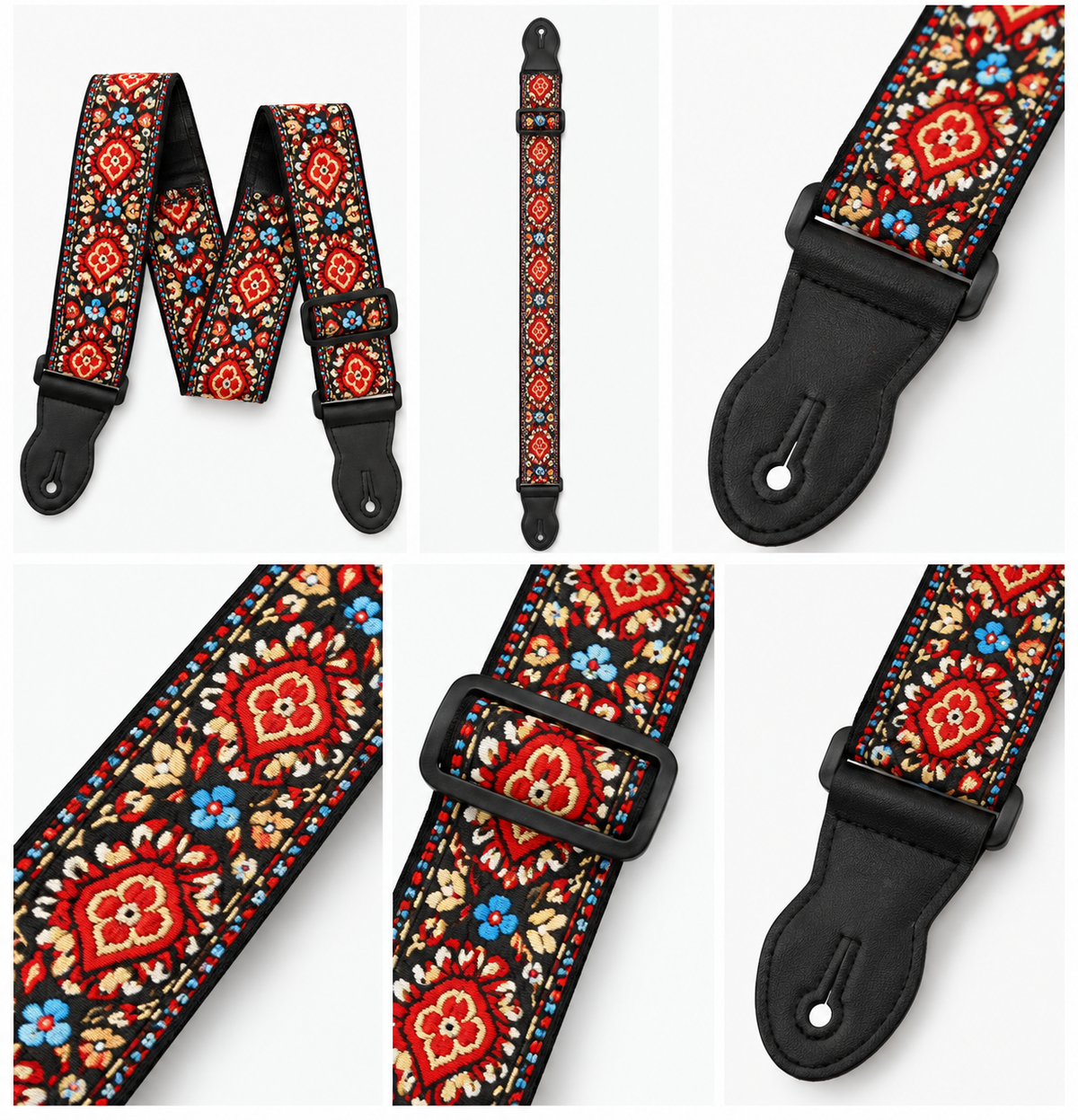 Vintage Folk Embroidered Guitar/Bass/Ukulele Strap- Red & Blue Floral