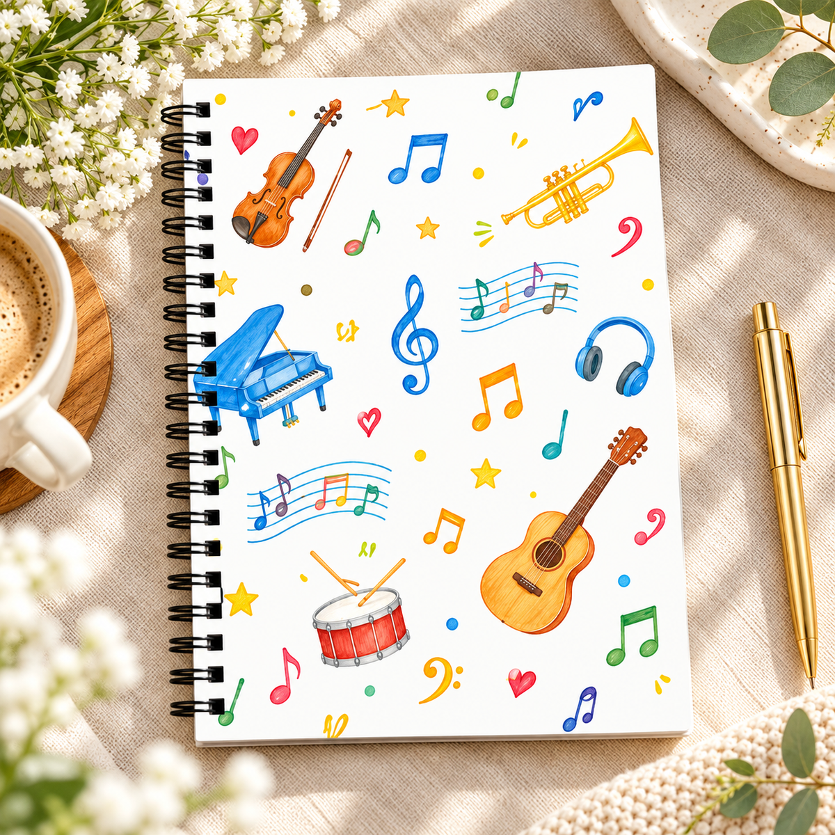 A5 Watercolor Musical Instruments Spiral Notebook (60 Pages)