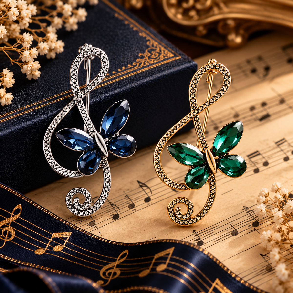 Sundry & Sound Co -Silver Vintage Blue Butterfly Treble Clef Brooch