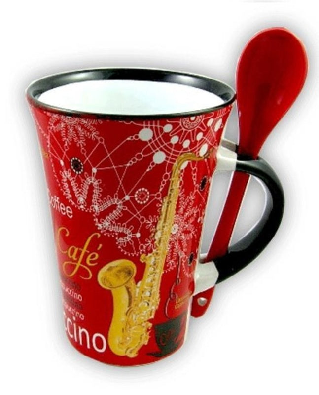 CAPPUCCINO MUG WITH SPOON SAXOPHONE RED