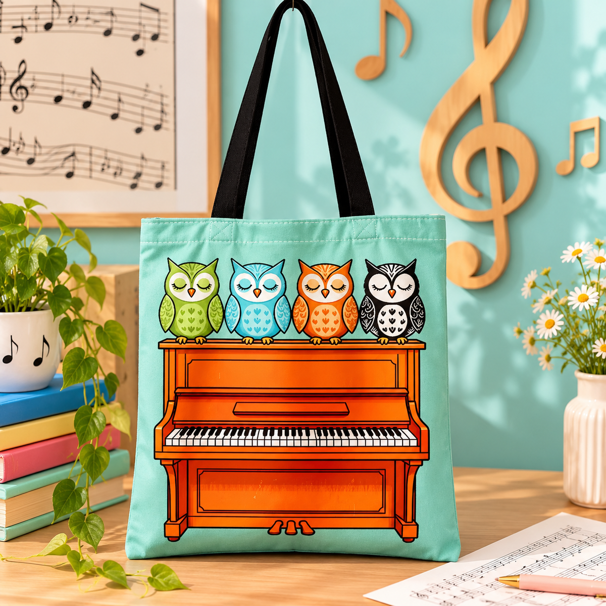 Musical Owls on Piano Tote Bag – 40cm x 35cm