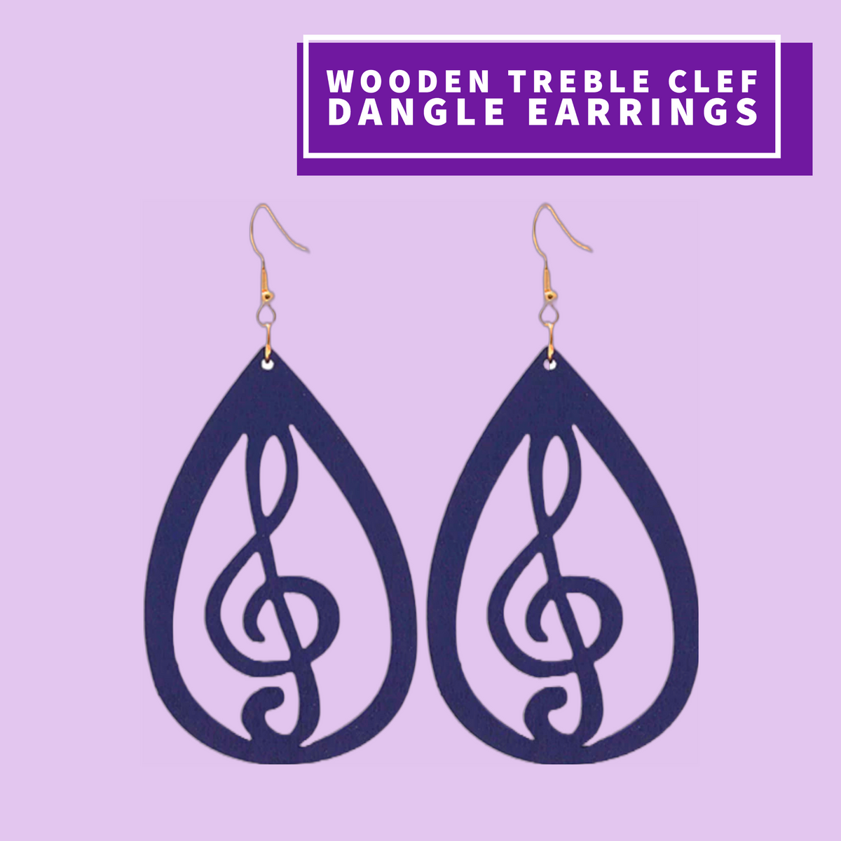Wooden Treble Clef Dangle Earrings (Indigo)