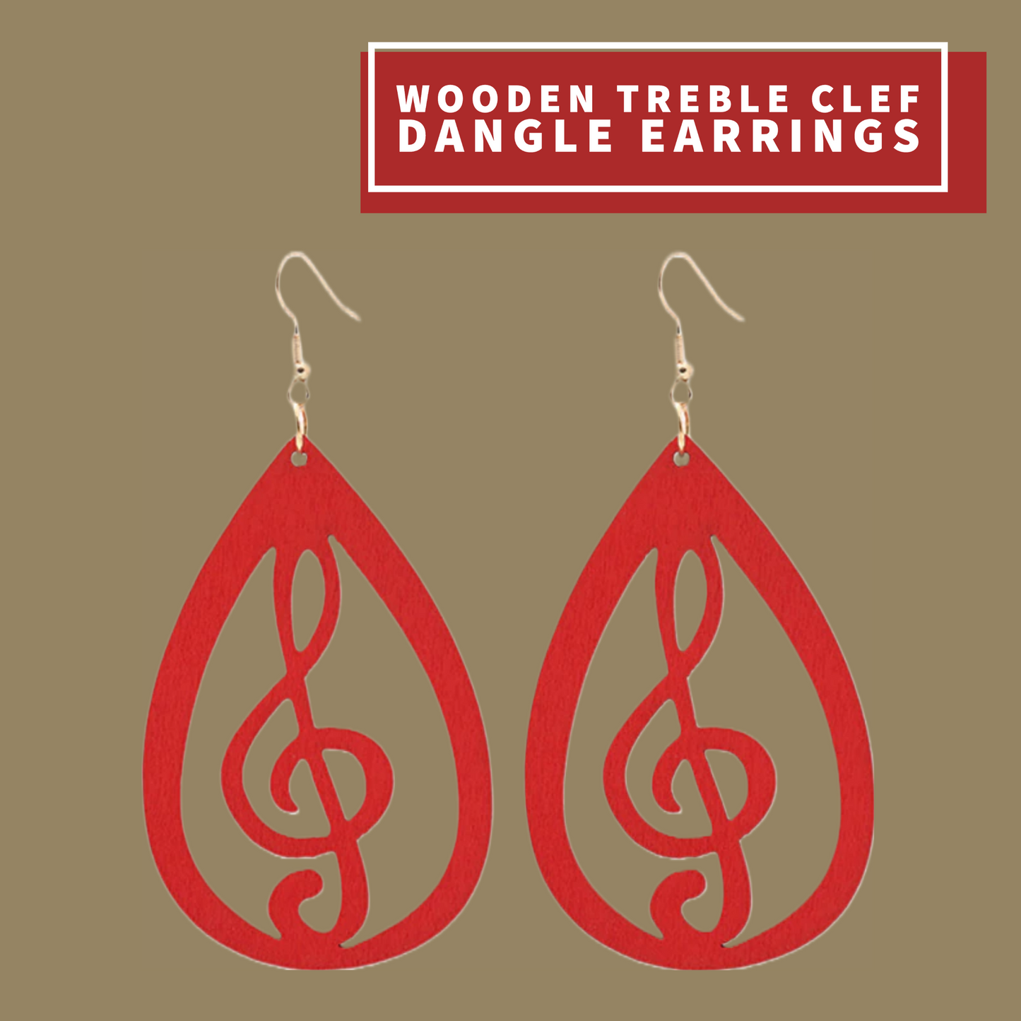 Wooden Treble Clef Dangle Earrings (Red)