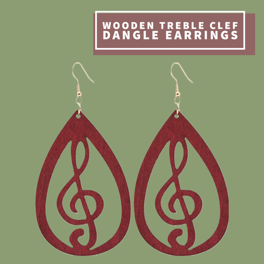 Wooden Treble Clef Dangle Earrings (Deep Red)