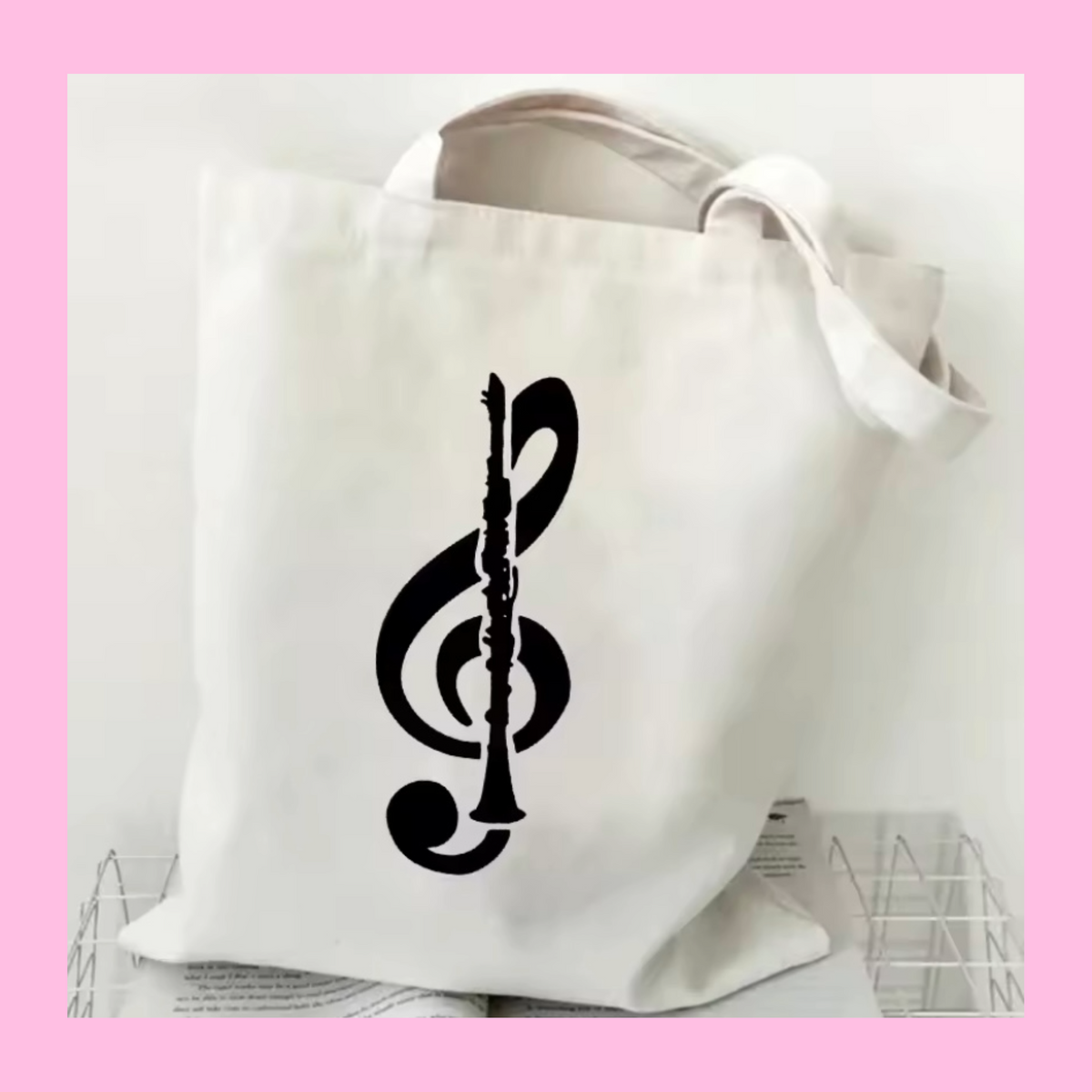 White Clarinet Treble Clef Music Book Cotton Tote Bag (40cm x 35cm)