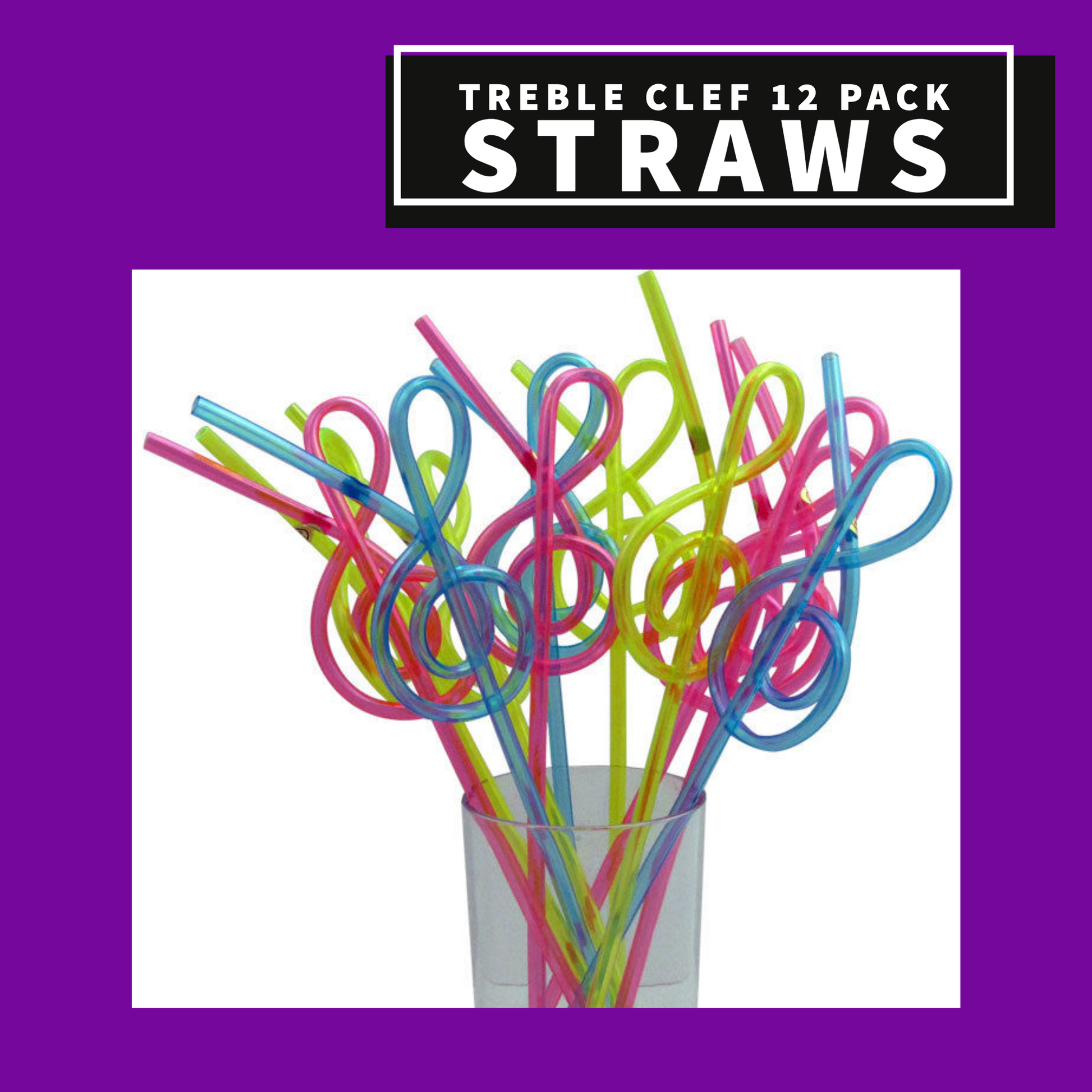 Plastic Straws - G Clef Pack Of 12 Assorted Colours Giftware