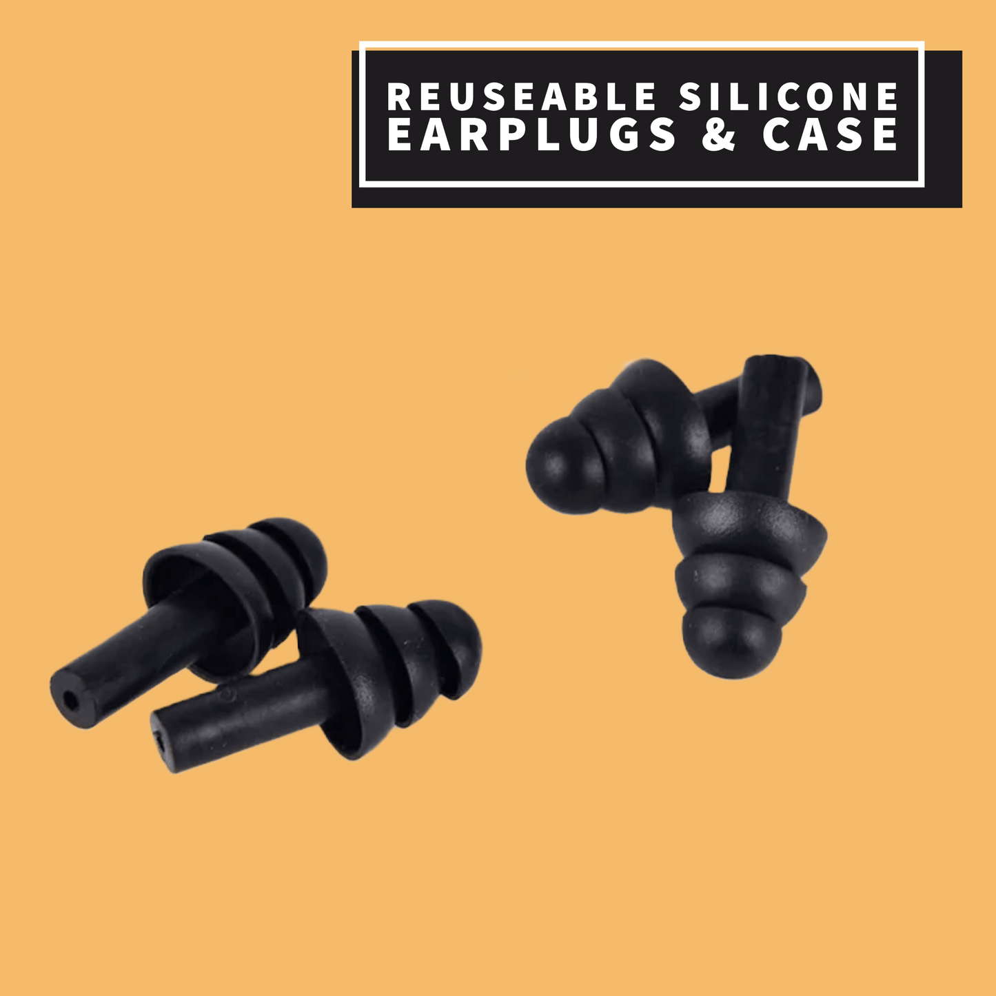 Reusable Black Silicone Earplugs With Protective Hard Case (3 Sets)