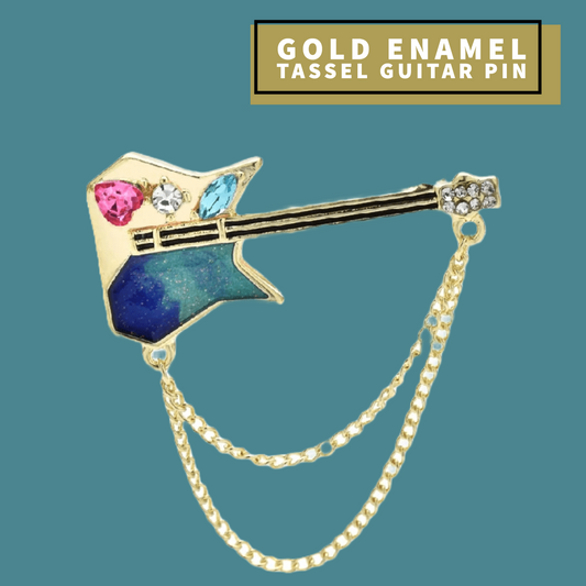 Gold Tassel Guitar Enamel Pin with Rhinestones