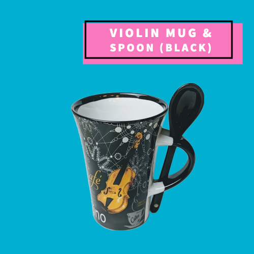 Cappuccino Mug With Spoon - Violin Design (Black)
