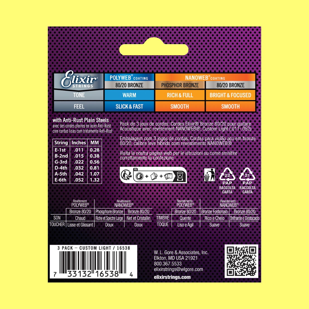 Elixir 16538 Nanoweb 80/20 青铜民谣吉他琴弦 Custom Light 套弦 - 11-52(3 盒装)