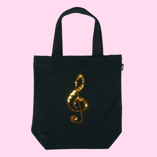Black Canvas Music Bag with Reversible Gold/ Silver Sequinned Treble Clef