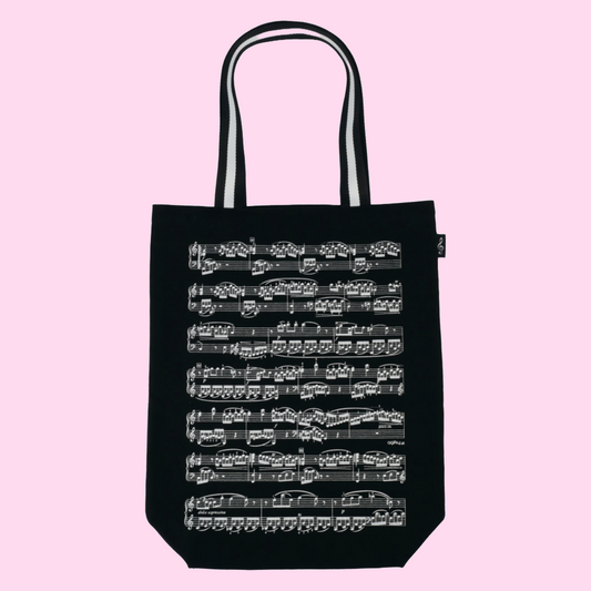 Black Canvas Sheet Music City Shopper Tote Bag with Striped Handles