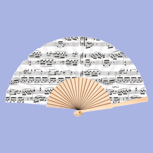 Hand Held Fan White with Black Manuscript Design