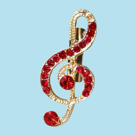 Gold Treble Clef Pin with Red Rhinestones