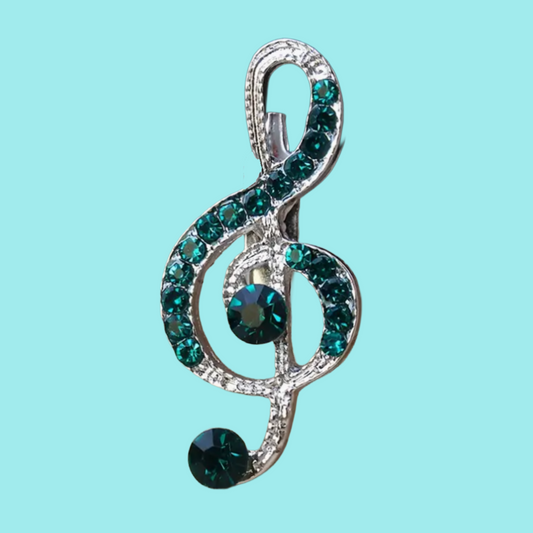 Silver Treble Clef Pin with Emerald Green Rhinestones