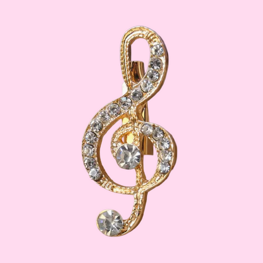 Gold Treble Clef Pin with White Rhinestones