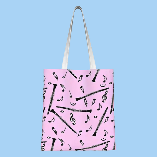 Pink & Black Clarinet and Music Note Tote Bag