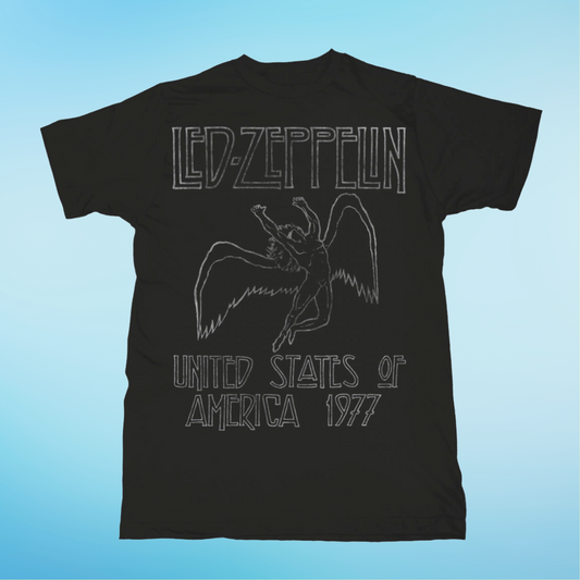 Led Zeppelin USA 1977 Black Front Print T-Shirt - (Sml - XXL) 100% Cotton