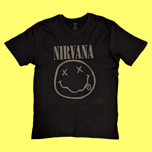 Nirvana -Black Happy Face T-Shirt with Front Print - (Sml - XXL) 100% Cotton