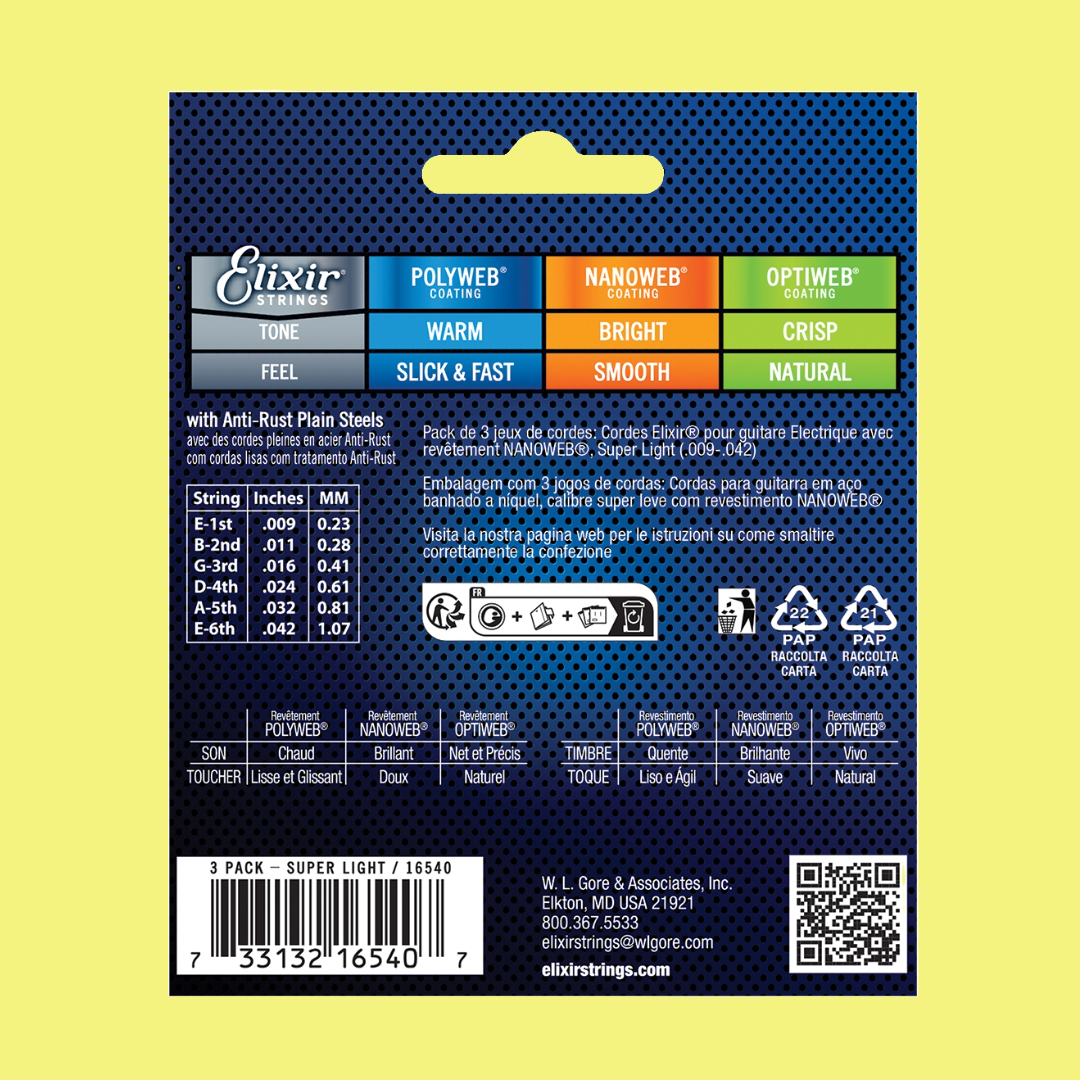 Elixir 16540 Nanoweb 80/20 青铜民谣吉他琴弦 超轻号套装 - 9-42 (3套装)