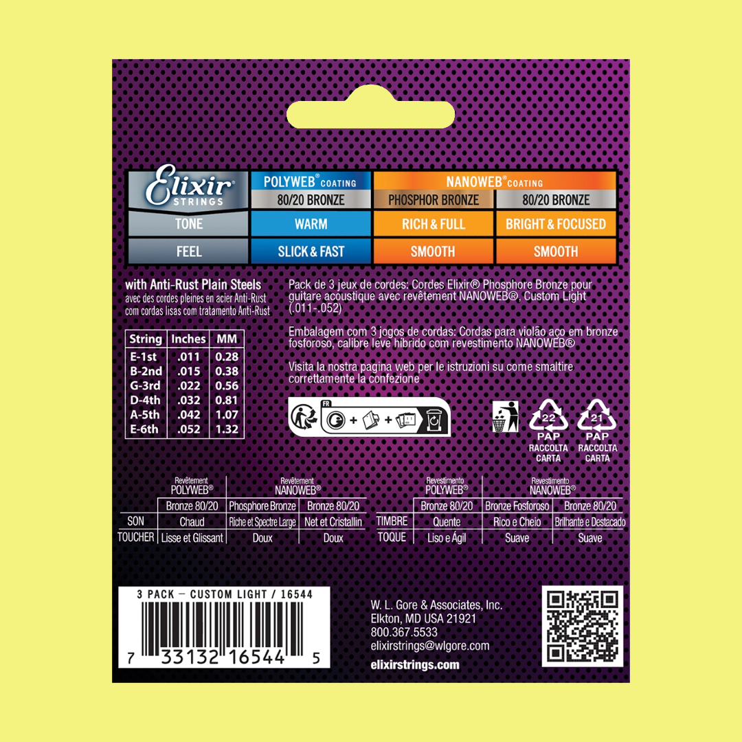 Elixir 16544 Nanoweb 磷青铜民谣吉他弦 Custom Light 规格 11-52(3 套装)