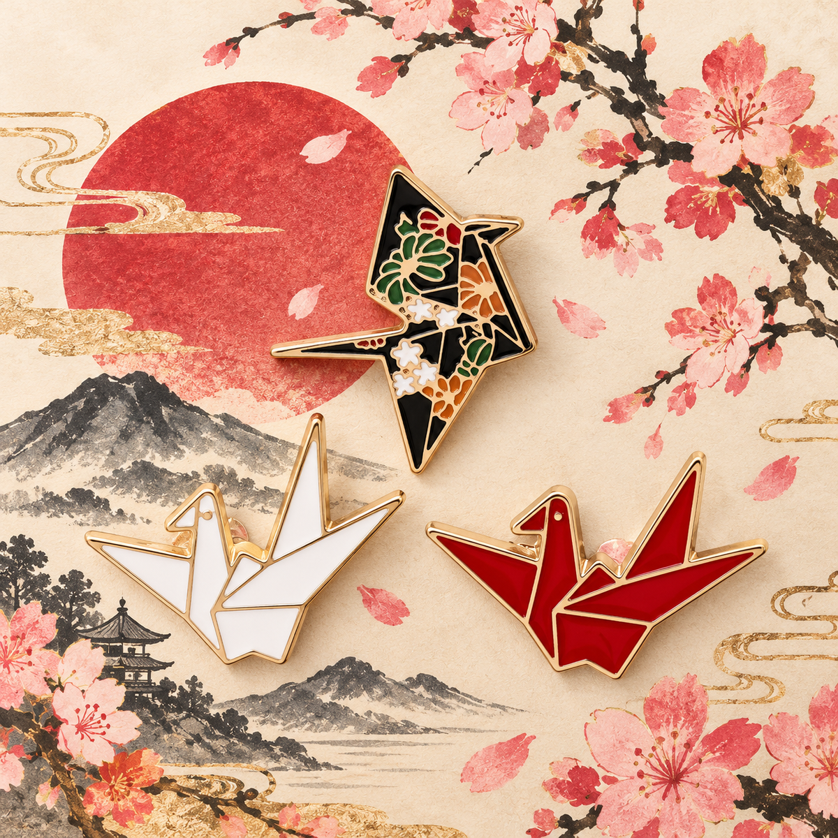 3 Mini Origami Paper Cranes Enamel Pin Set