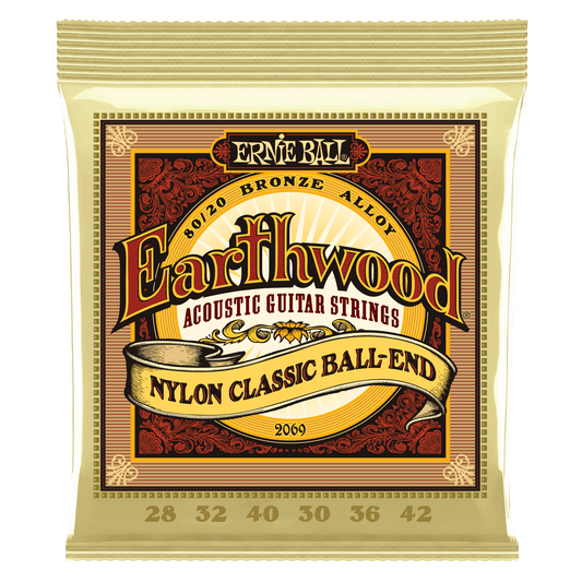 Ernie Ball Earthwood 80/20 Bronze Folk Nylon Classic Ball End Acoustic Guitar Strings Set- 28-42