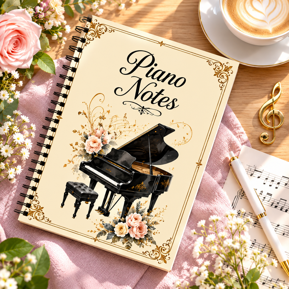 A5 Vintage Floral Piano Spiral Notebook (60 Pages)
