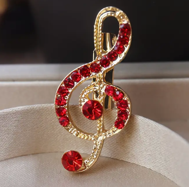 Gold Treble Clef Pin with Red Rhinestones (1.6cm x 3.4cm)