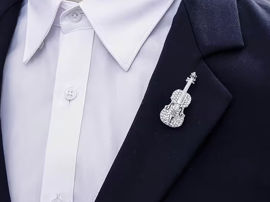 Silver Rhinestone Violin Enamel Pin