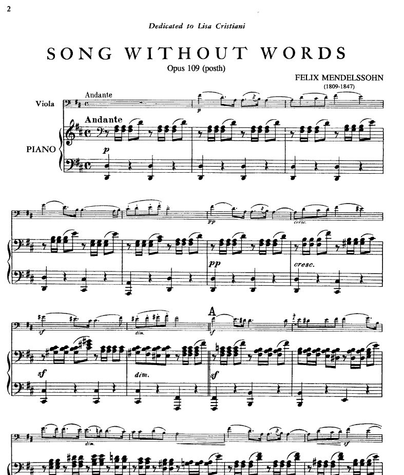Felix Mendelssohn - Song Without Words D Major Opus 109 for Viola/Piano