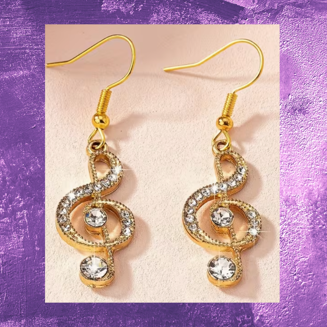 Treble Clef Earrings with Rhinestones (Gold)