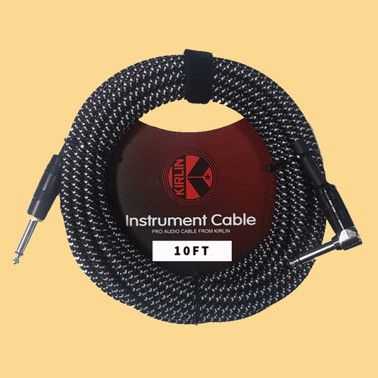Kirlin IWC202BK 10ft Black & White Entry Woven Instrument Cable (Right Angle - Straight)