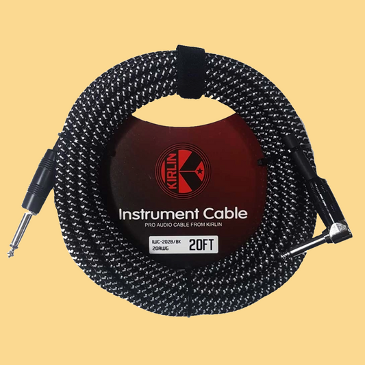 Kirlin IWC202BK 20ft Black & White Entry Woven Instrument Cable (Right Angle - Straight)