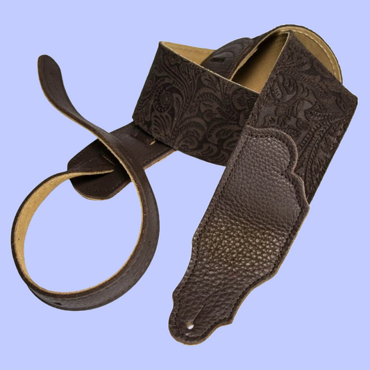 Franklin Embossed 2.5" Chocolate Suede Guitar Strap with Pebbled Chocolate Glove Leather End