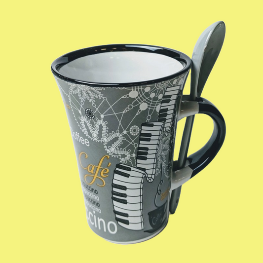 Grey Piano Themed Cappuccino Mug With Spoon & Gift Box
